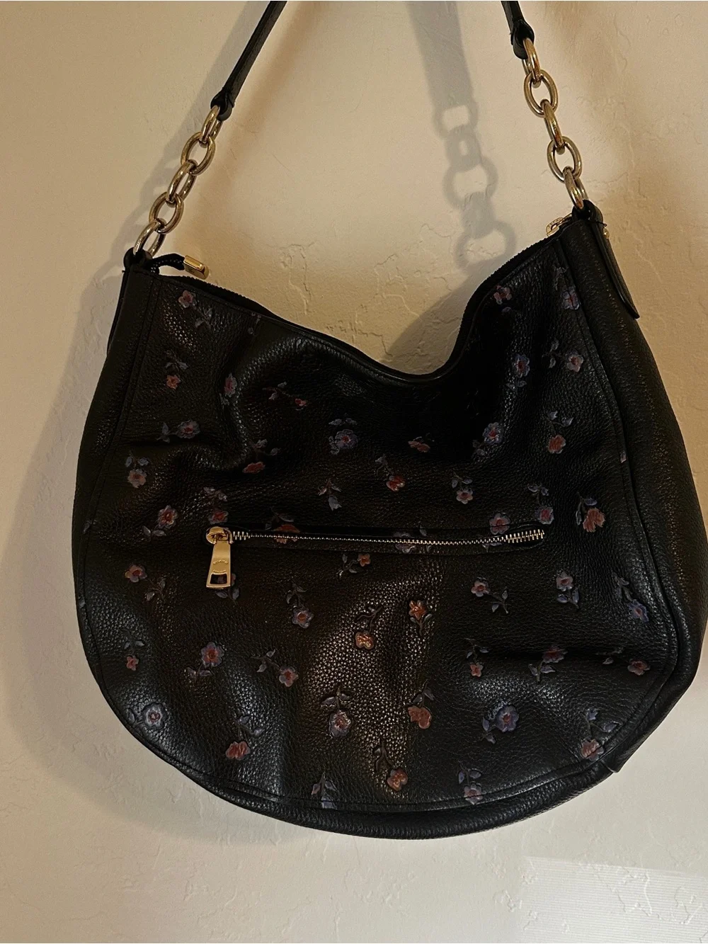 Coach Elle Black Pebbled Leather Hobo with Vintage Prairie Floral Print